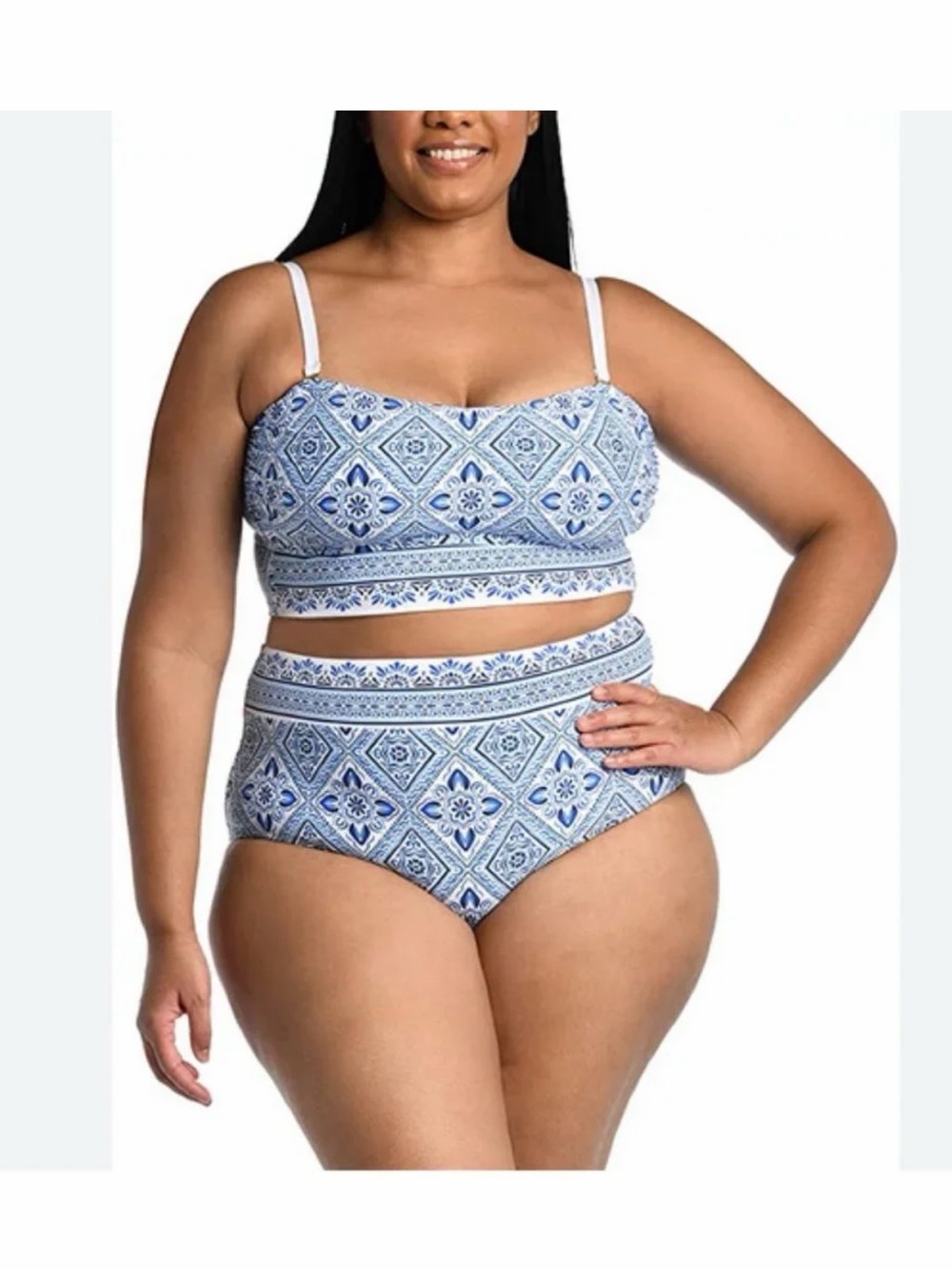 La Blanca Blue and White Tile-Print High-Waist Bikini